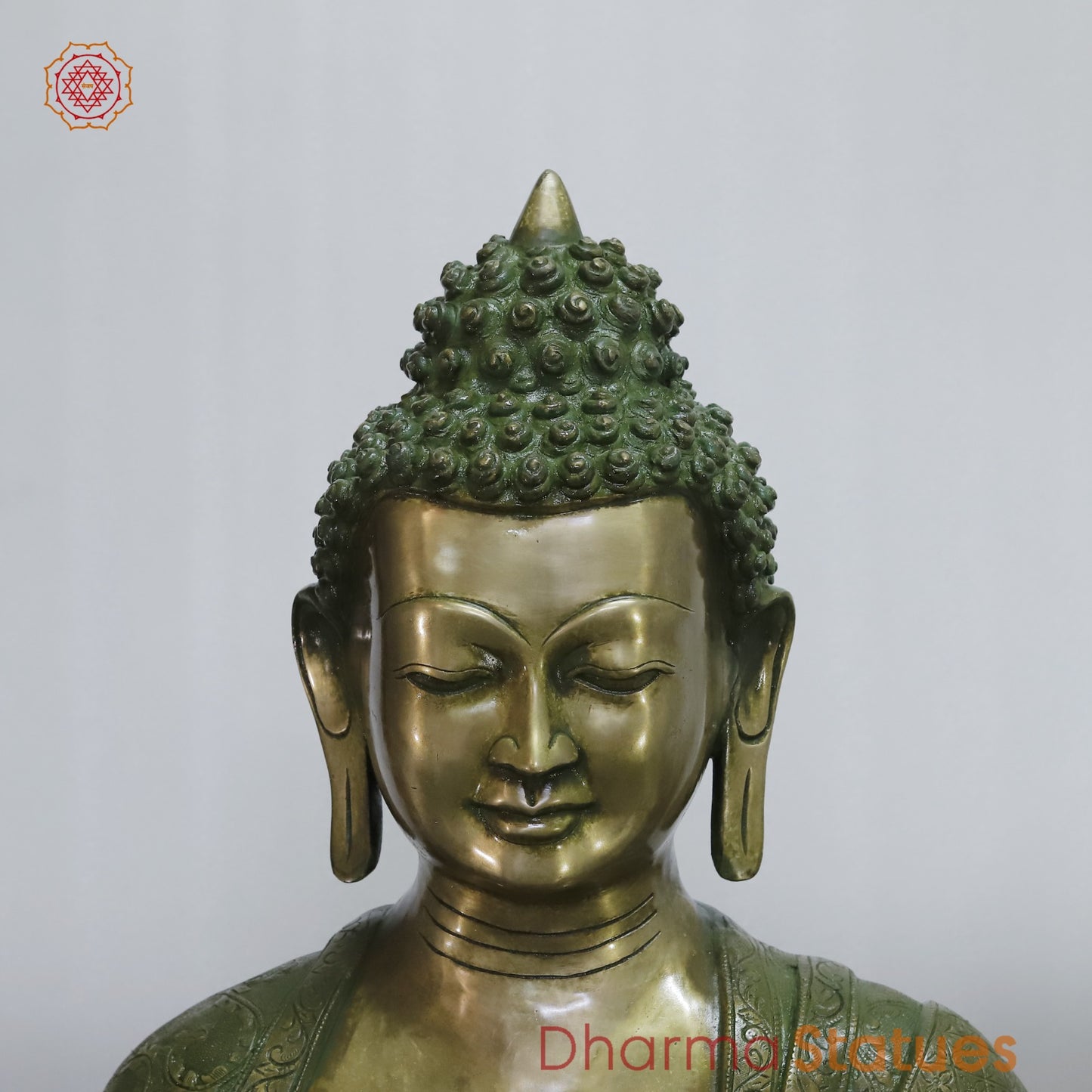 Brass Buddha Seated With fine Carving, Antique Patina 49”