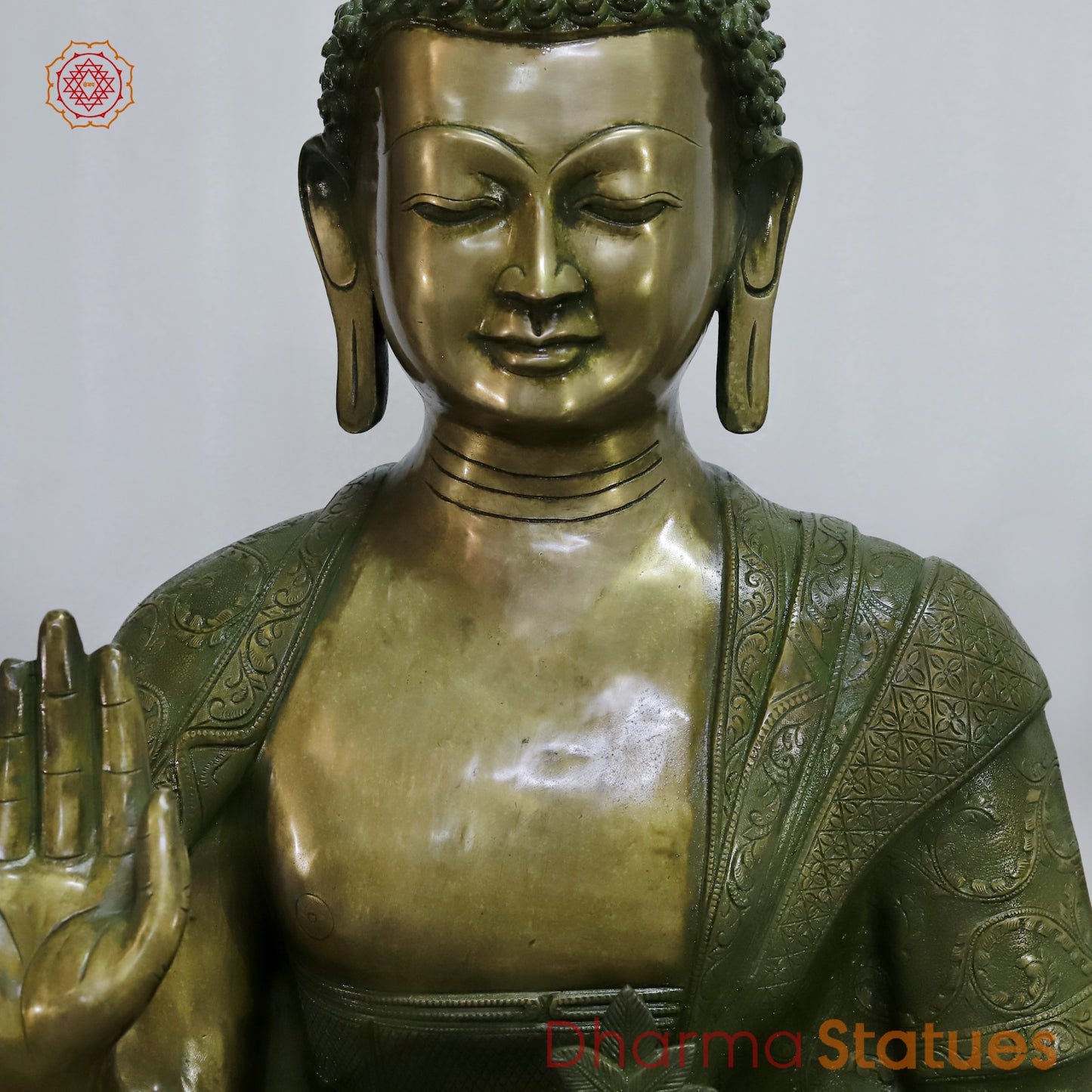 Brass Buddha Seated With fine Carving, Antique Patina 49”