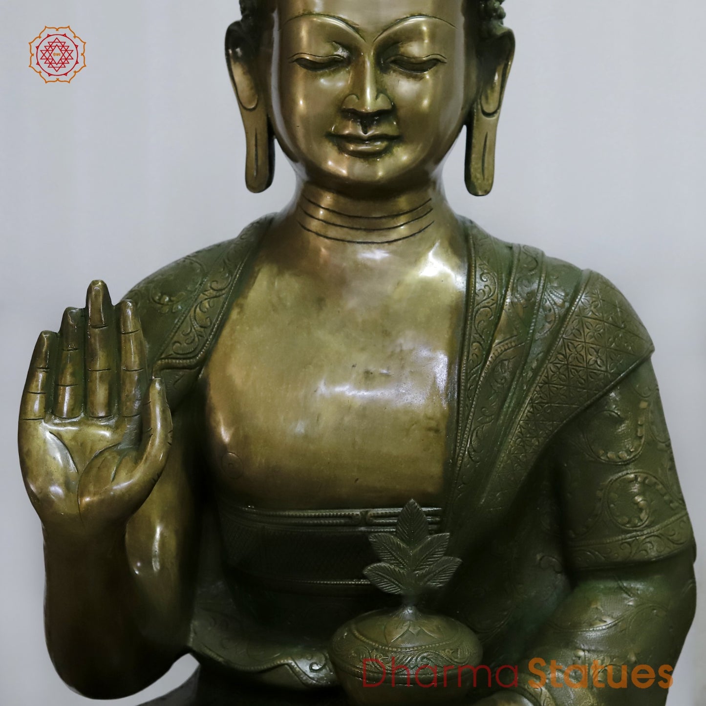 Brass Buddha Seated With fine Carving, Antique Patina 49”