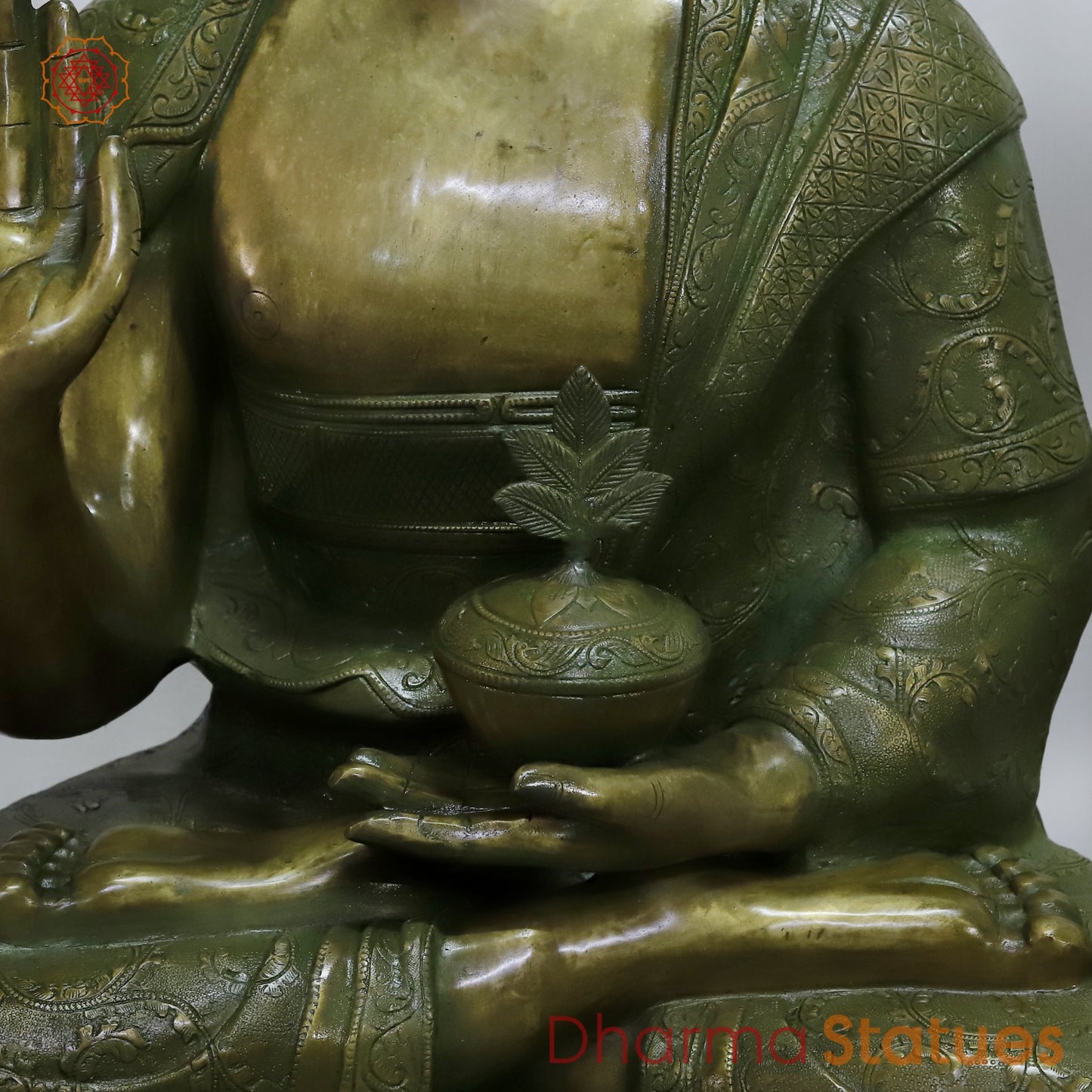 Brass Buddha Seated With fine Carving, Antique Patina 49”