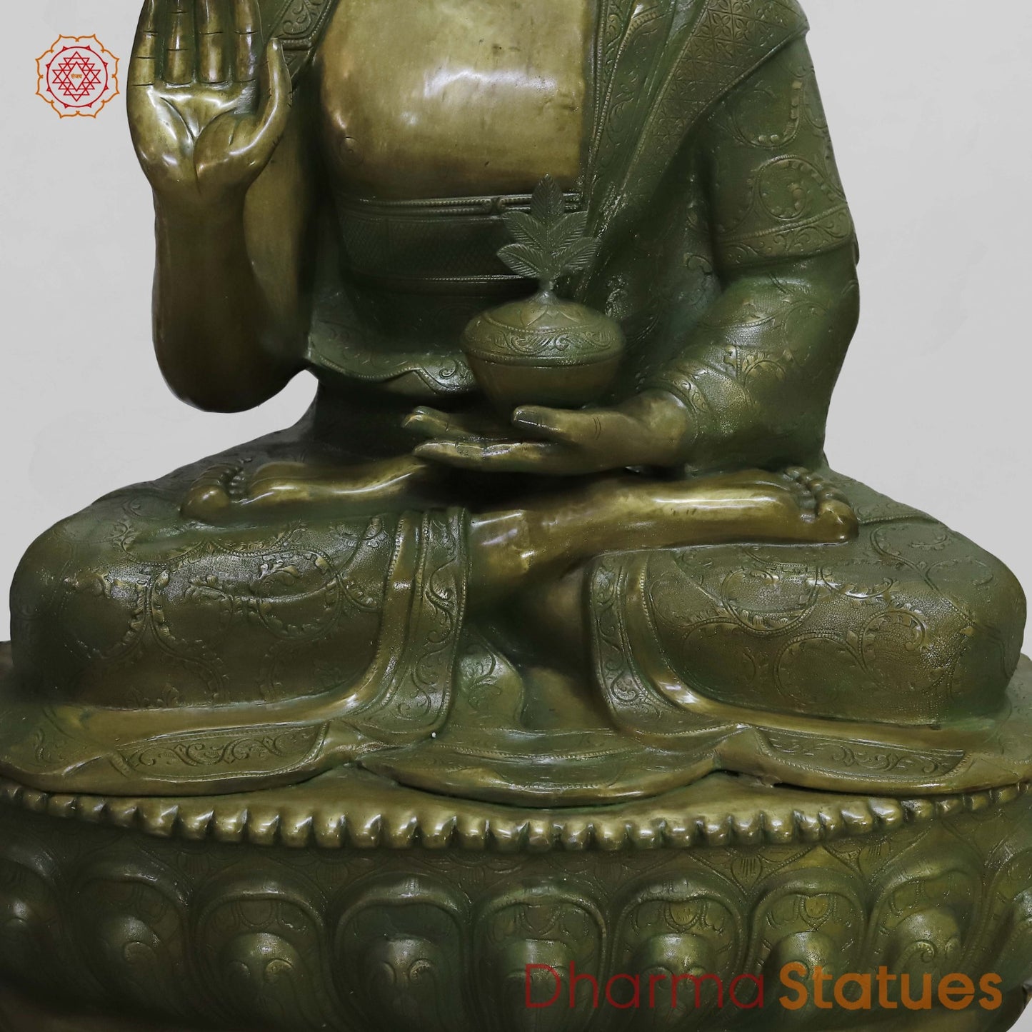 Brass Buddha Seated With fine Carving, Antique Patina 49”