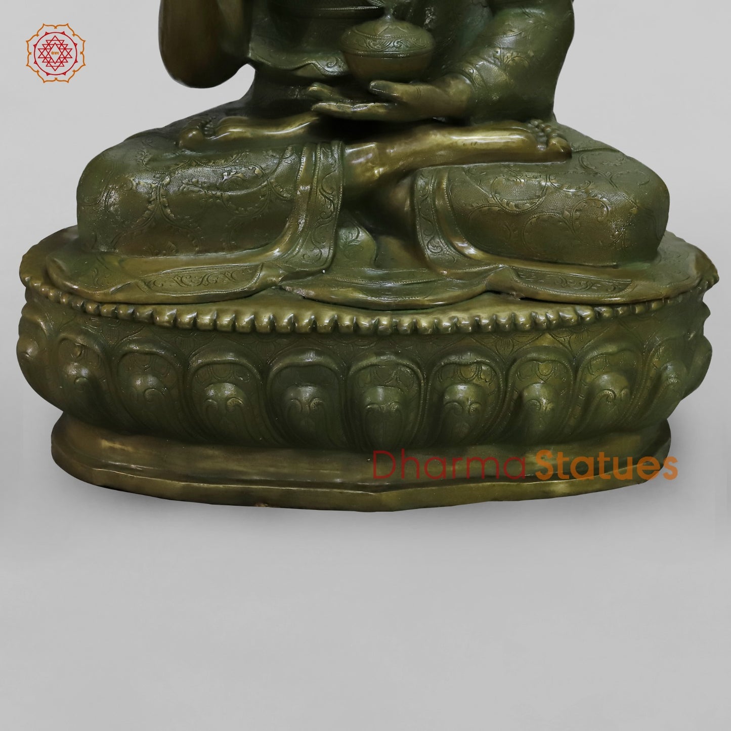 Brass Buddha Seated With fine Carving, Antique Patina 49”