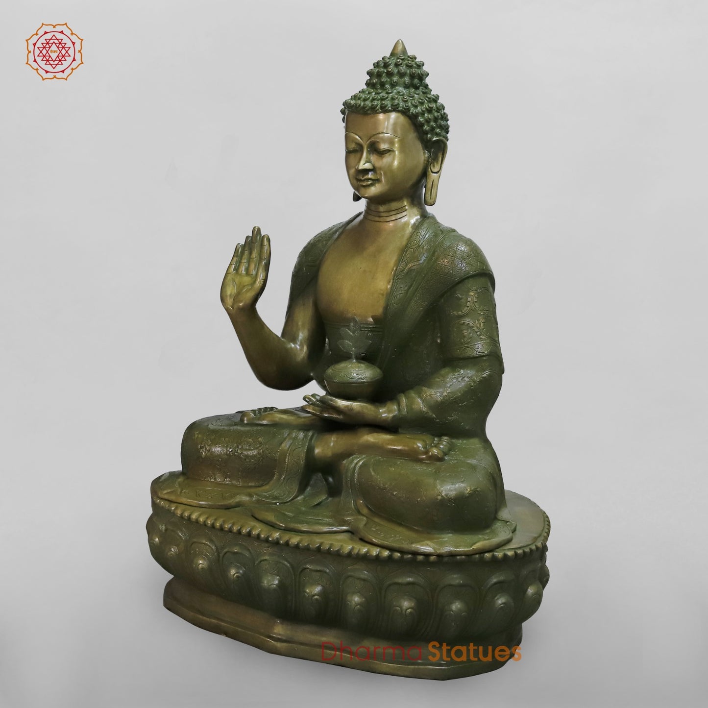 Brass Buddha Seated With fine Carving, Antique Patina 49”