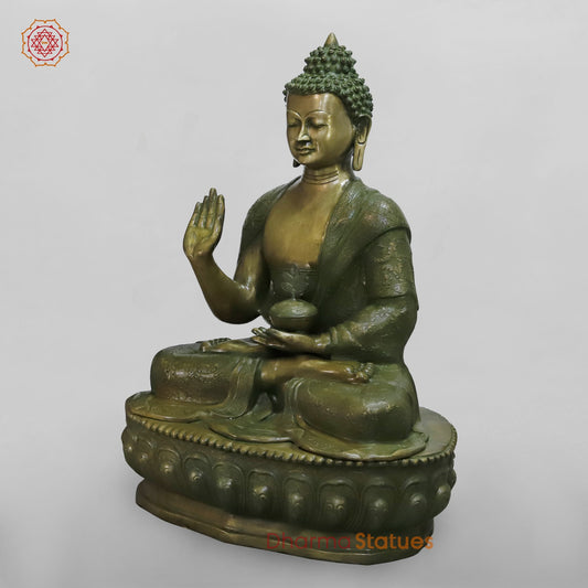 Brass Buddha Seated With fine Carving, Antique Patina 49”