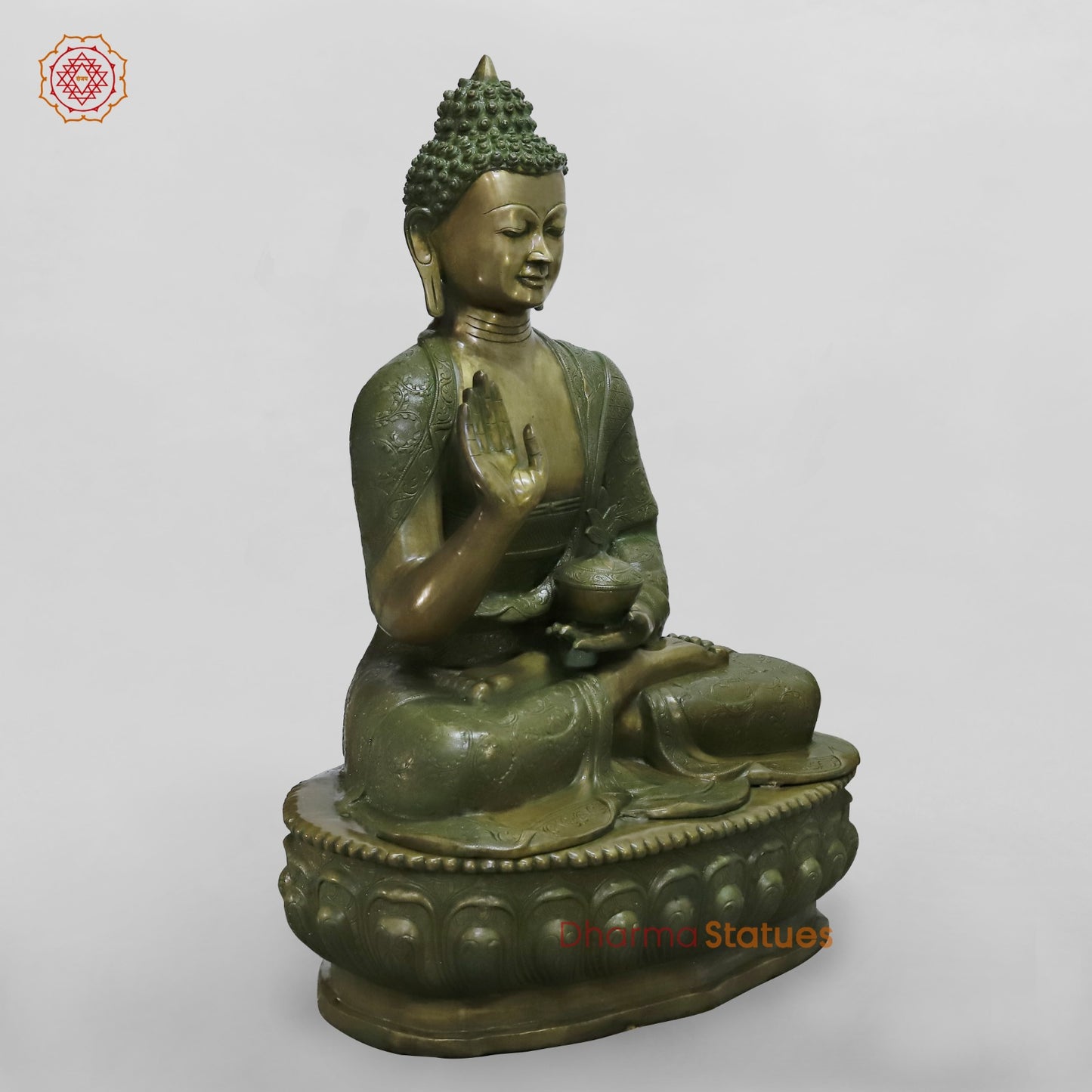 Brass Buddha Seated With fine Carving, Antique Patina 49”
