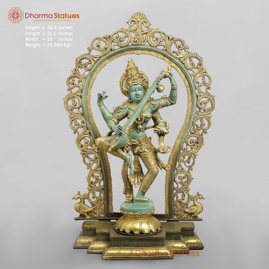 Brass Saraswati Fine With Arch, Special Green And Gold Patina 32.5”