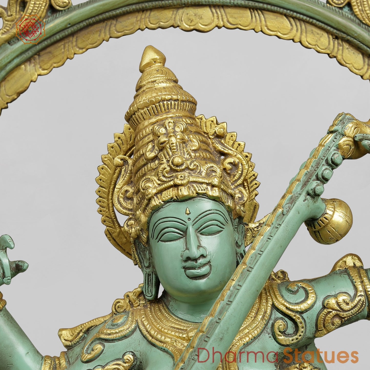 Brass Saraswati Fine With Arch, Special Green And Gold Patina 32.5”