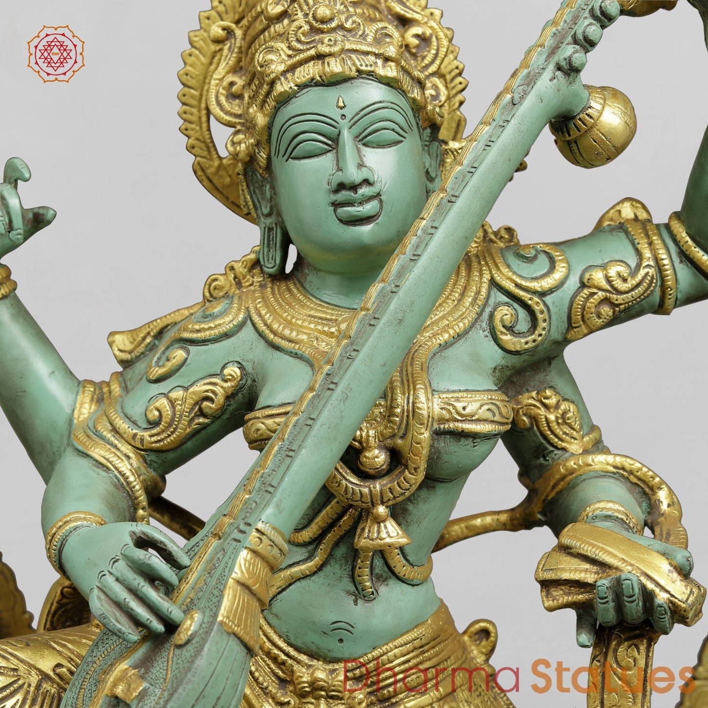 Brass Saraswati Fine With Arch, Special Green And Gold Patina 32.5”