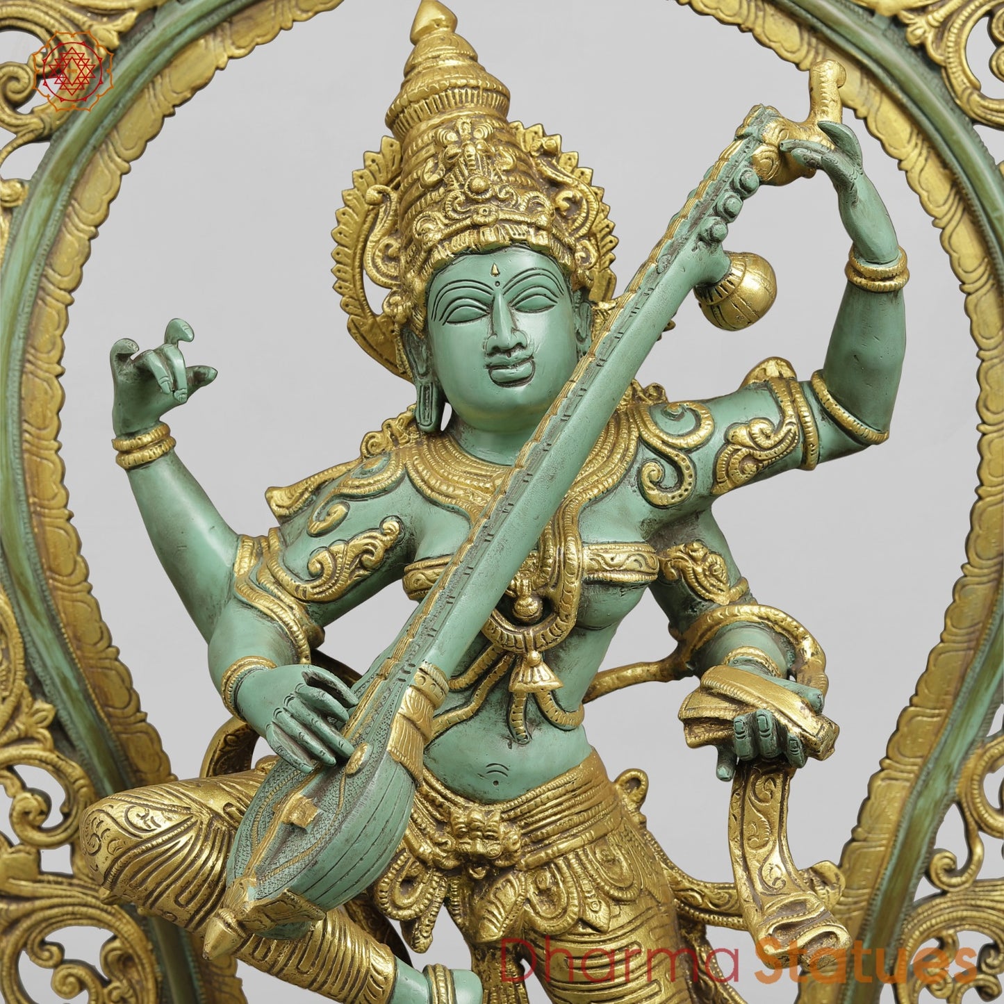Brass Saraswati Fine With Arch, Special Green And Gold Patina 32.5”