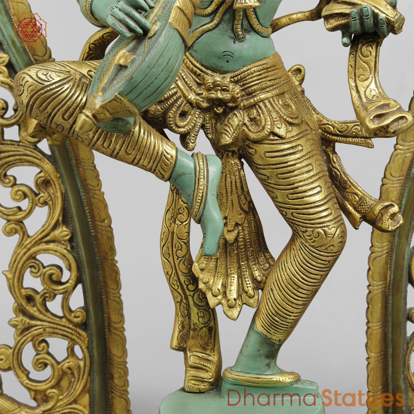 Brass Saraswati Fine With Arch, Special Green And Gold Patina 32.5”