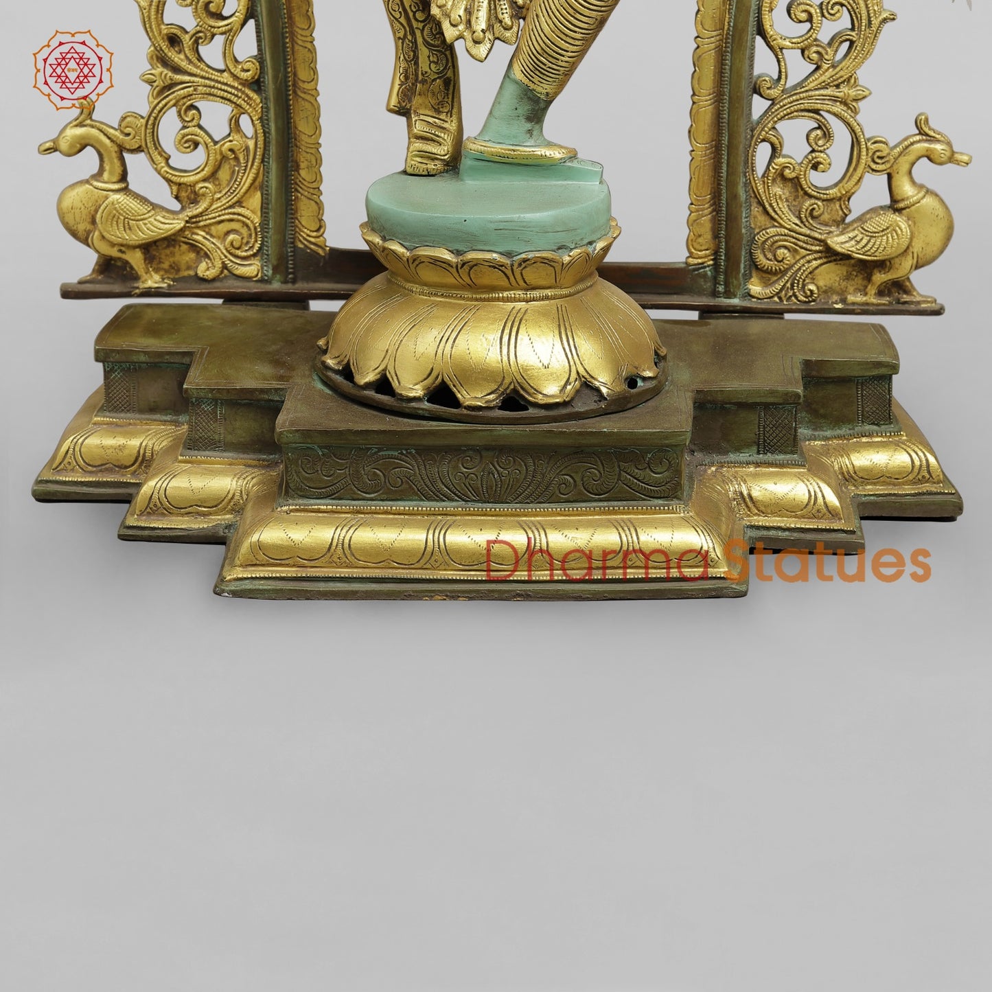 Brass Saraswati Fine With Arch, Special Green And Gold Patina 32.5”