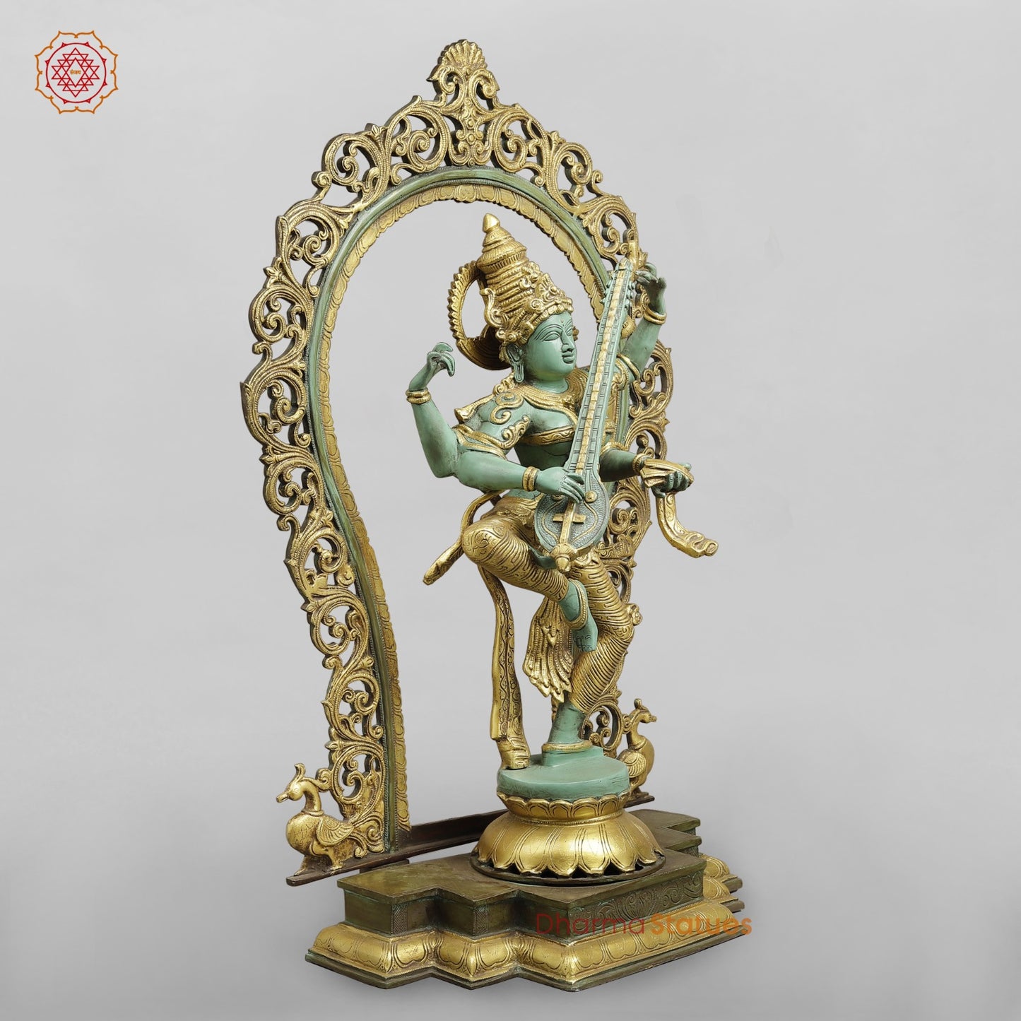 Brass Saraswati Fine With Arch, Special Green And Gold Patina 32.5”