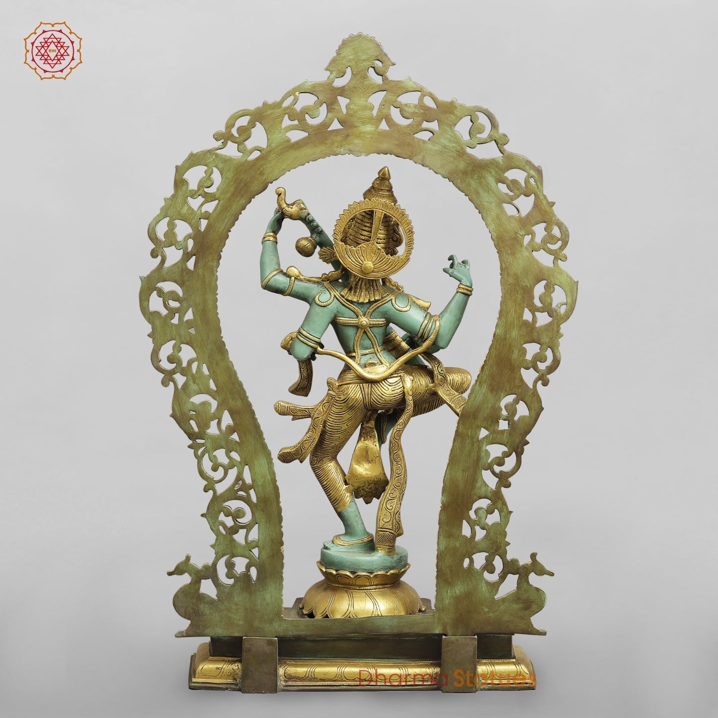 Brass Saraswati Fine With Arch, Special Green And Gold Patina 32.5”