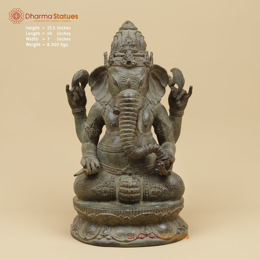 Bronze Ganesh Seated With Keertimukh Face Fine, Natural Patina 16” Origin - Java, Indonesia