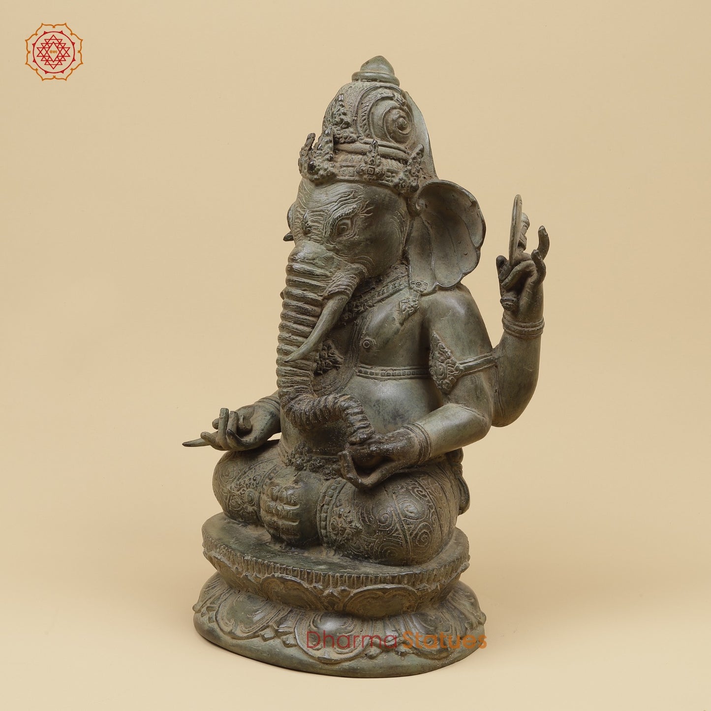 Bronze Ganesh Seated With Keertimukh Face Fine, Natural Patina 16” Origin - Java, Indonesia