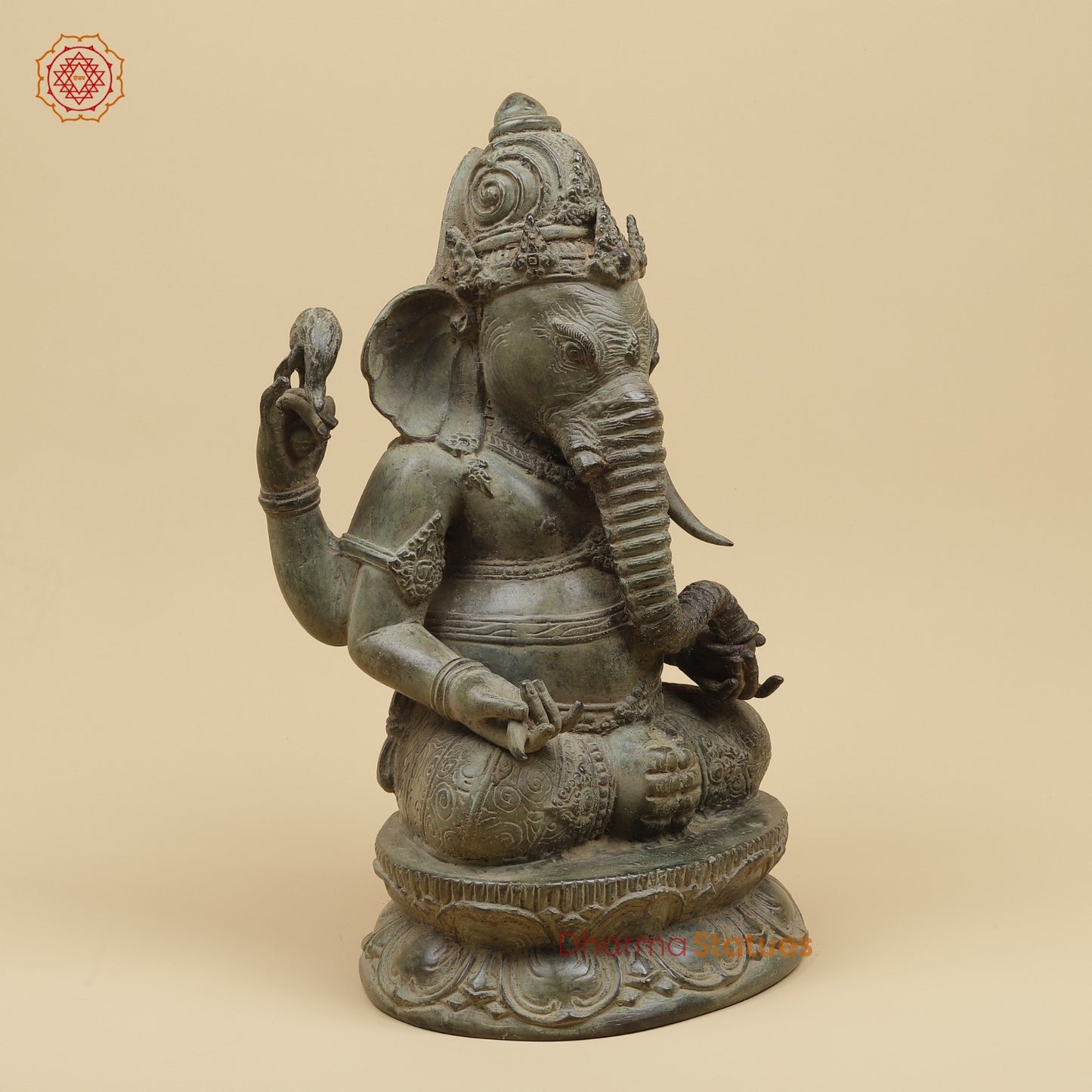 Bronze Ganesh Seated With Keertimukh Face Fine, Natural Patina 16” Origin - Java, Indonesia