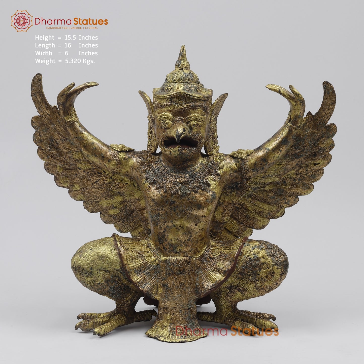 Bronze Garuda Seated with Open wings Fine, Antique Gold Finish 16” Origin-Nakhon Pathom, Thailand