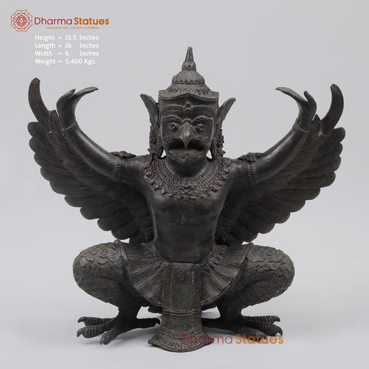 Bronze Garuda Seated with Open wings Fine, Antique Black Finish 16” Origin- Nakhon Pathom, Thailand.