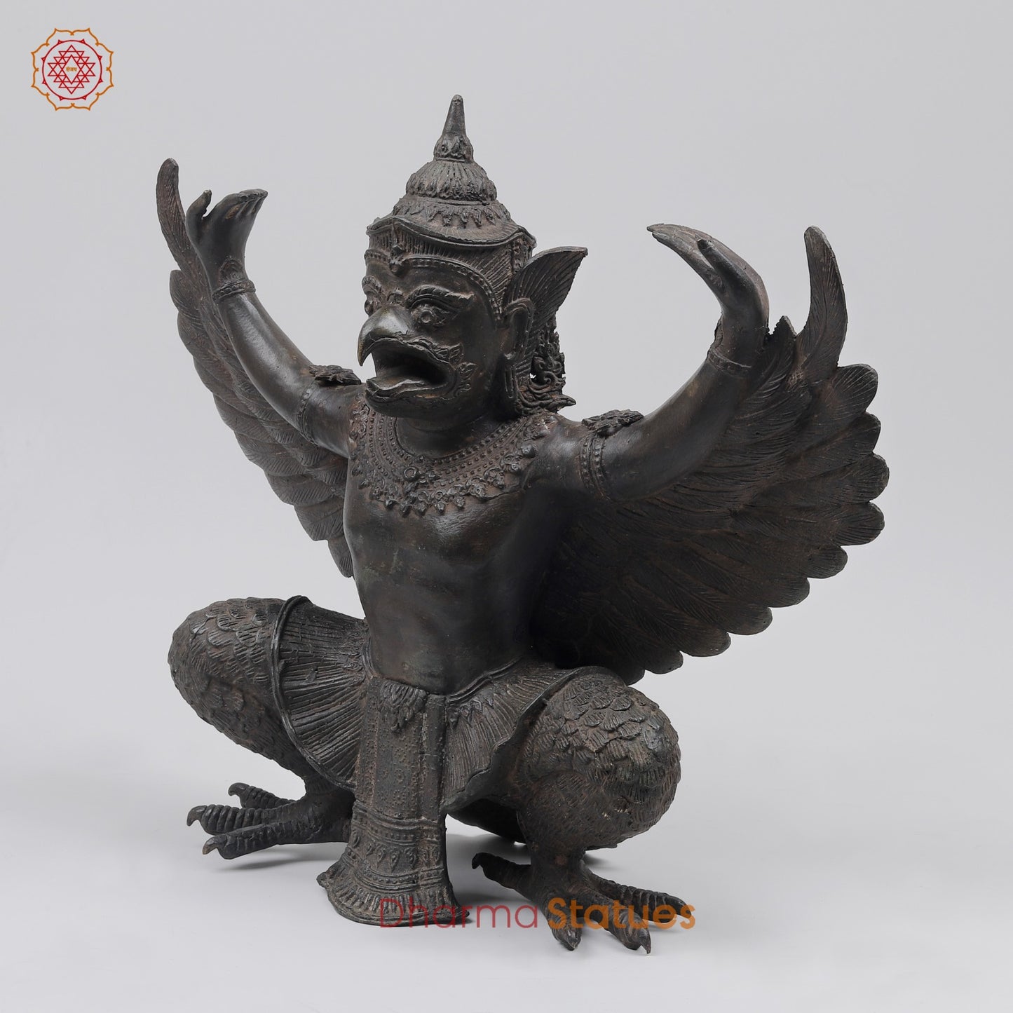 Bronze Garuda Seated with Open wings Fine, Antique Black Finish 16” Origin- Nakhon Pathom, Thailand.