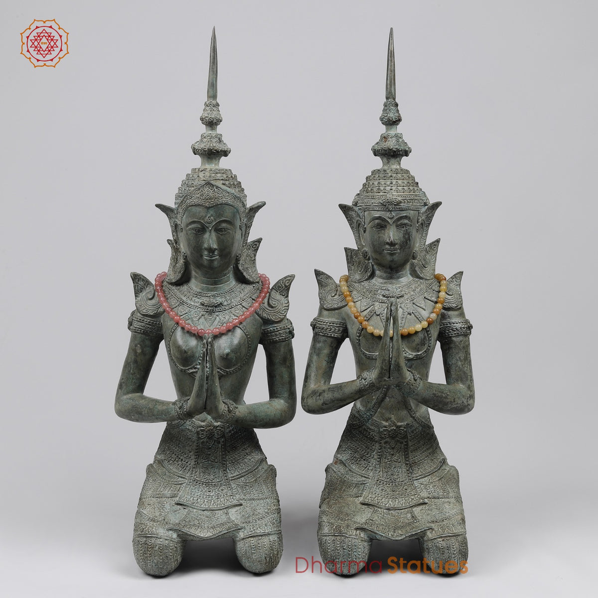Bronze Thai Praying Devas Kneeling Fine, Green Patina Finish 25” Origin- Nakhon Pathom, Thailand
