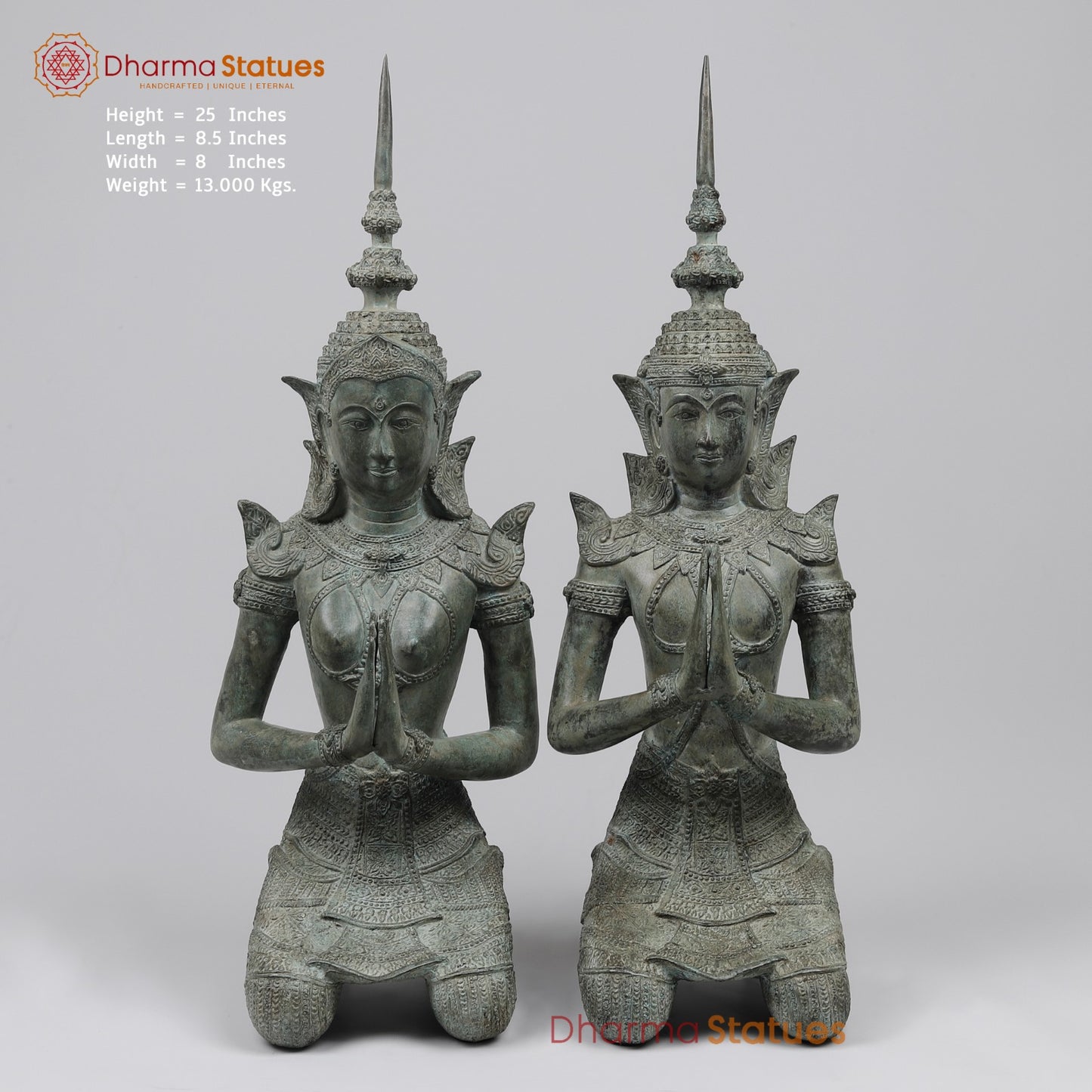 Bronze Thai Praying Devas Kneeling Fine, Green Patina Finish 25” Origin- Nakhon Pathom, Thailand