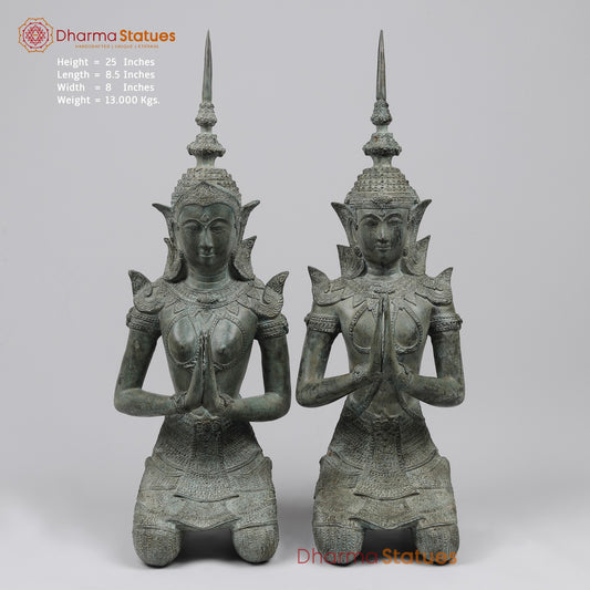 Bronze Thai Praying Devas Kneeling Fine, Green Patina Finish 25” Origin- Nakhon Pathom, Thailand