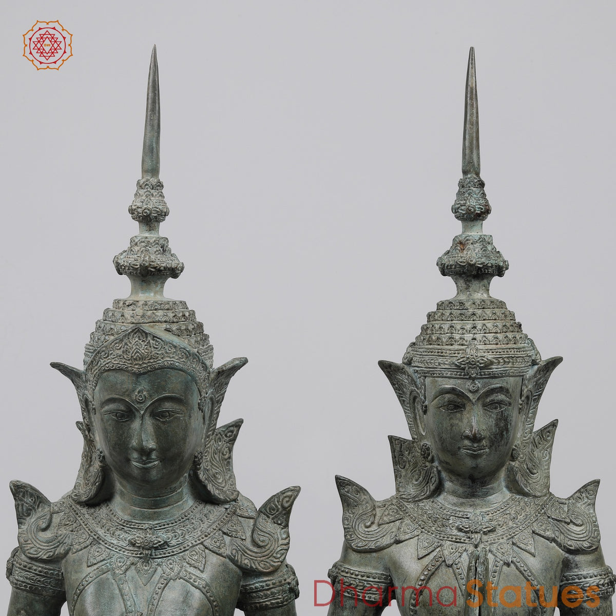 Bronze Thai Praying Devas Kneeling Fine, Green Patina Finish 25” Origin- Nakhon Pathom, Thailand