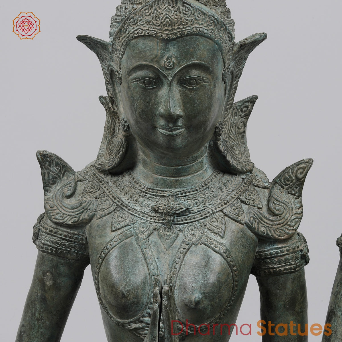 Bronze Thai Praying Devas Kneeling Fine, Green Patina Finish 25” Origin- Nakhon Pathom, Thailand