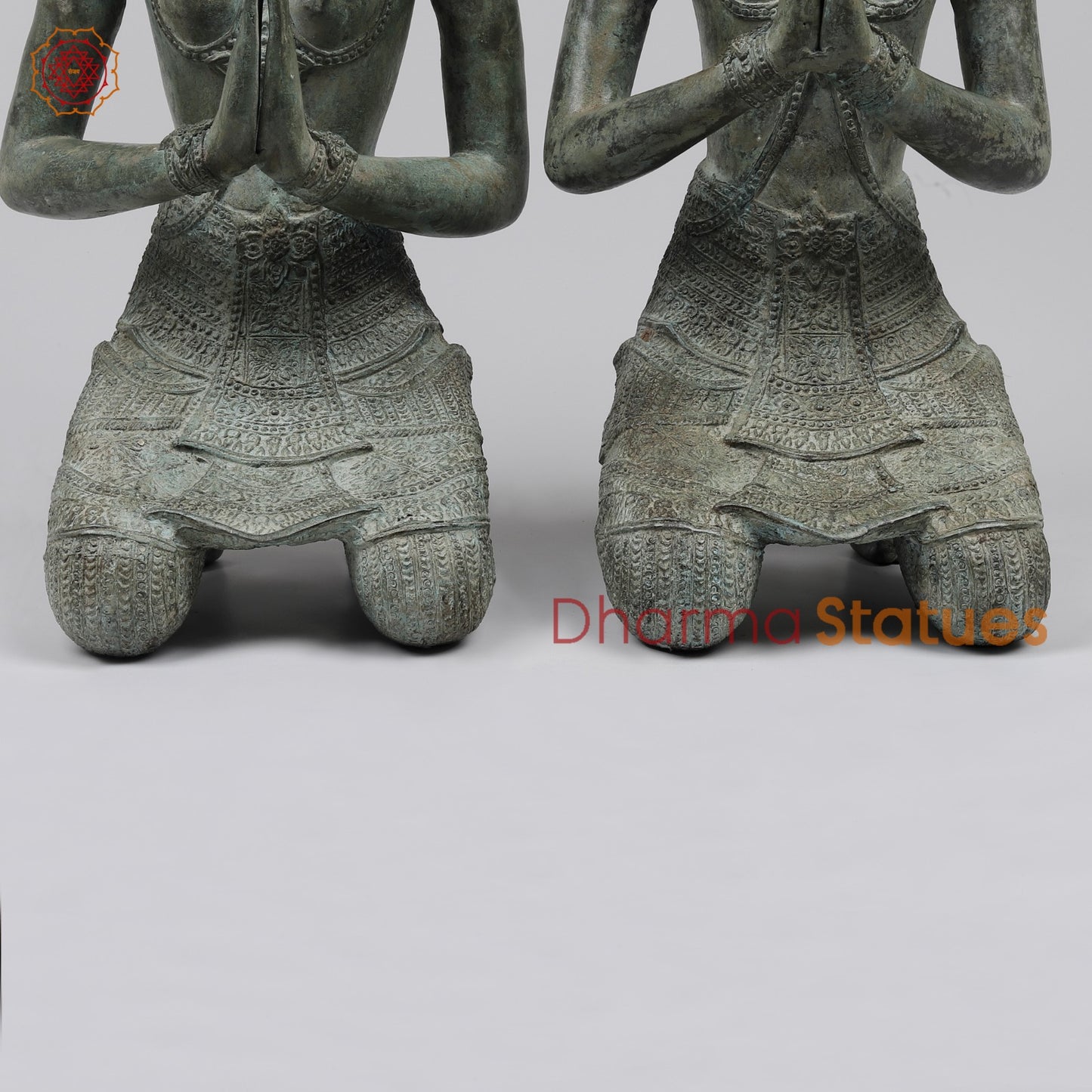 Bronze Thai Praying Devas Kneeling Fine, Green Patina Finish 25” Origin- Nakhon Pathom, Thailand