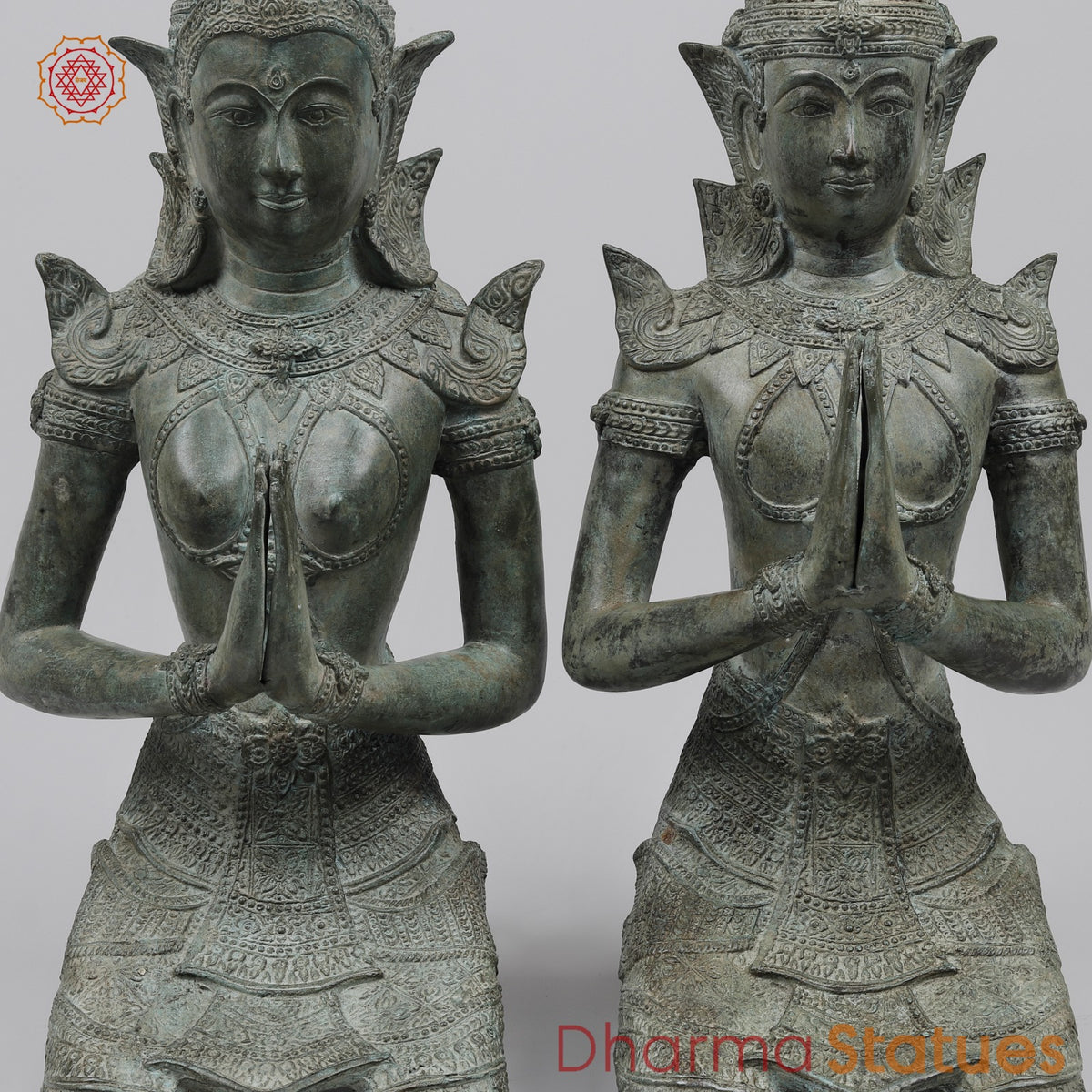 Bronze Thai Praying Devas Kneeling Fine, Green Patina Finish 25” Origin- Nakhon Pathom, Thailand