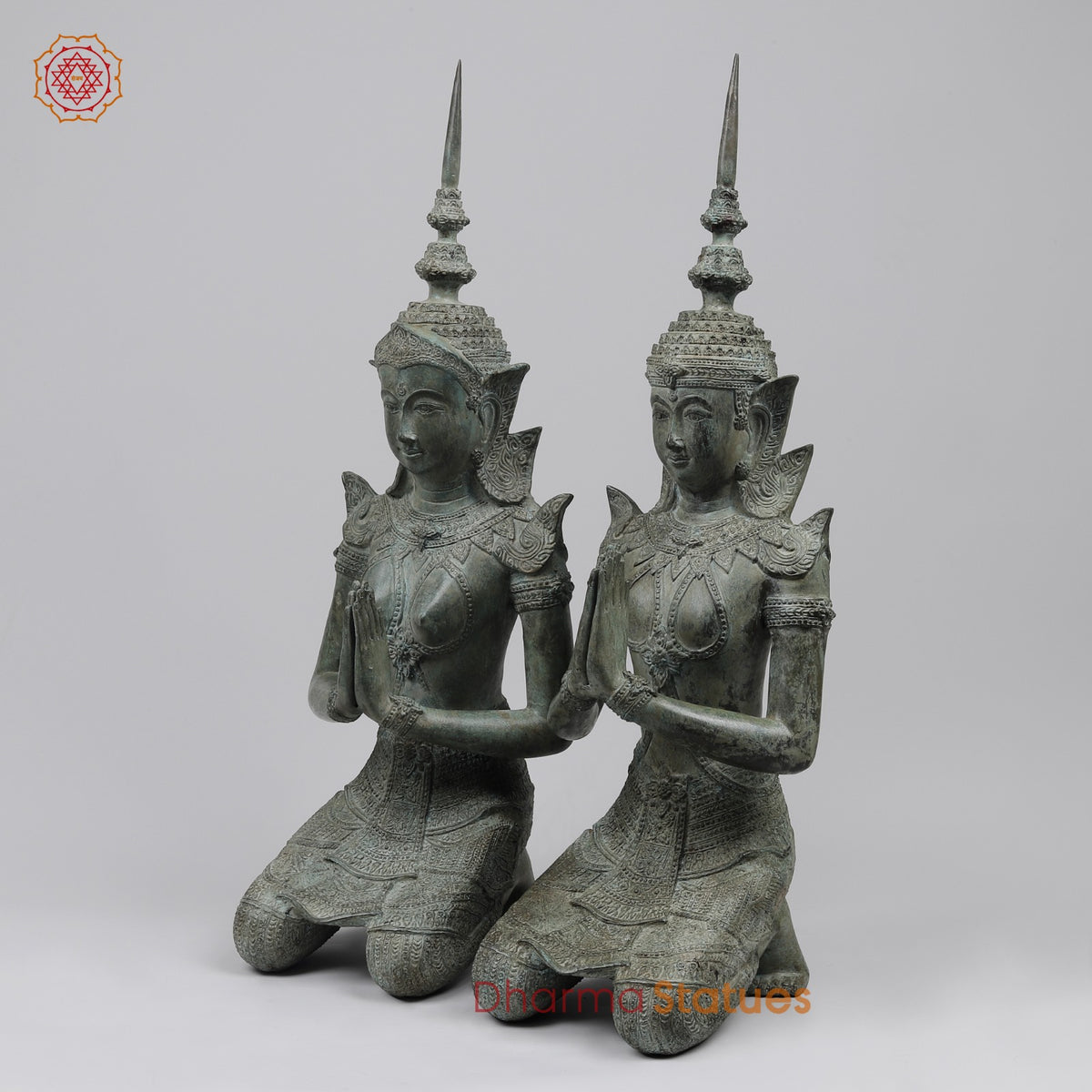 Bronze Thai Praying Devas Kneeling Fine, Green Patina Finish 25” Origin- Nakhon Pathom, Thailand