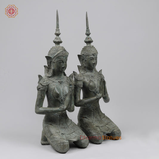 Bronze Thai Praying Devas Kneeling Fine, Green Patina Finish 25” Origin- Nakhon Pathom, Thailand