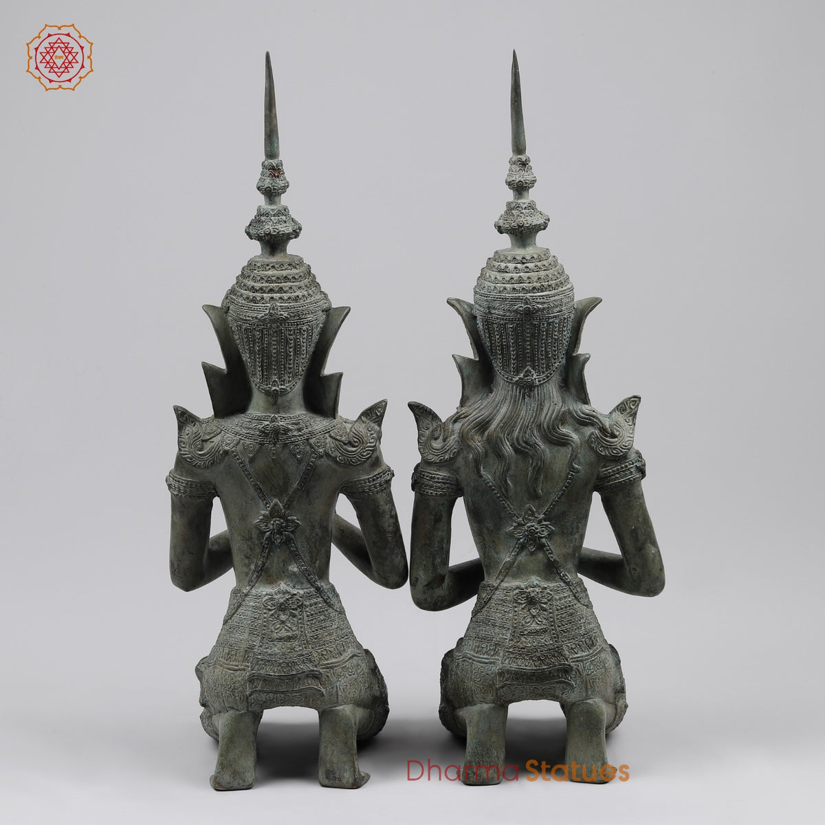 Bronze Thai Praying Devas Kneeling Fine, Green Patina Finish 25” Origin- Nakhon Pathom, Thailand