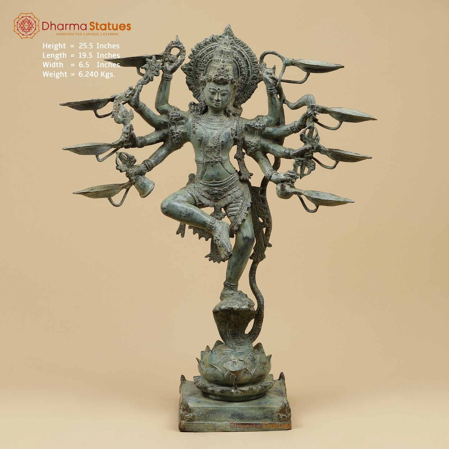 Bronze Dancing Krishna on Snake With Diya Fine, Green Patina Finish  26” Origin - Java, Indonesia