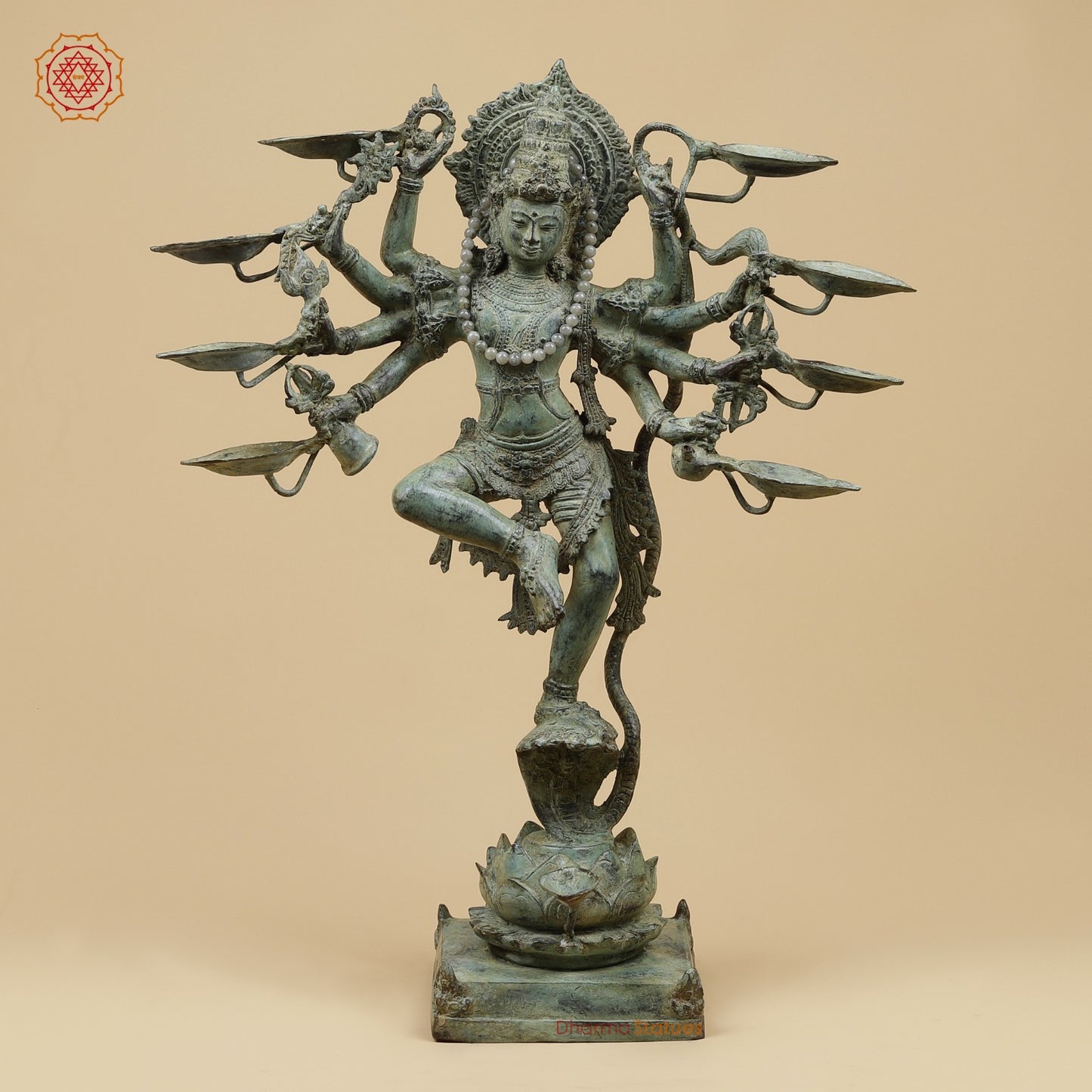 Bronze Dancing Krishna on Snake With Diya Fine, Green Patina Finish  26” Origin - Java, Indonesia