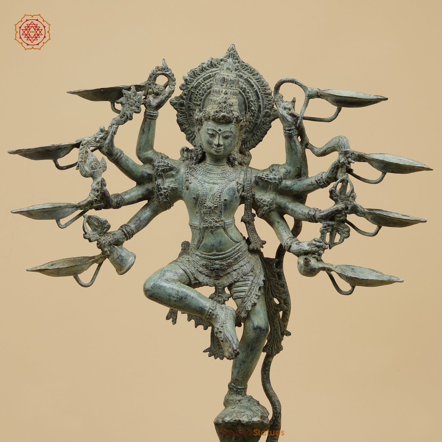Bronze Dancing Krishna on Snake With Diya Fine, Green Patina Finish  26” Origin - Java, Indonesia