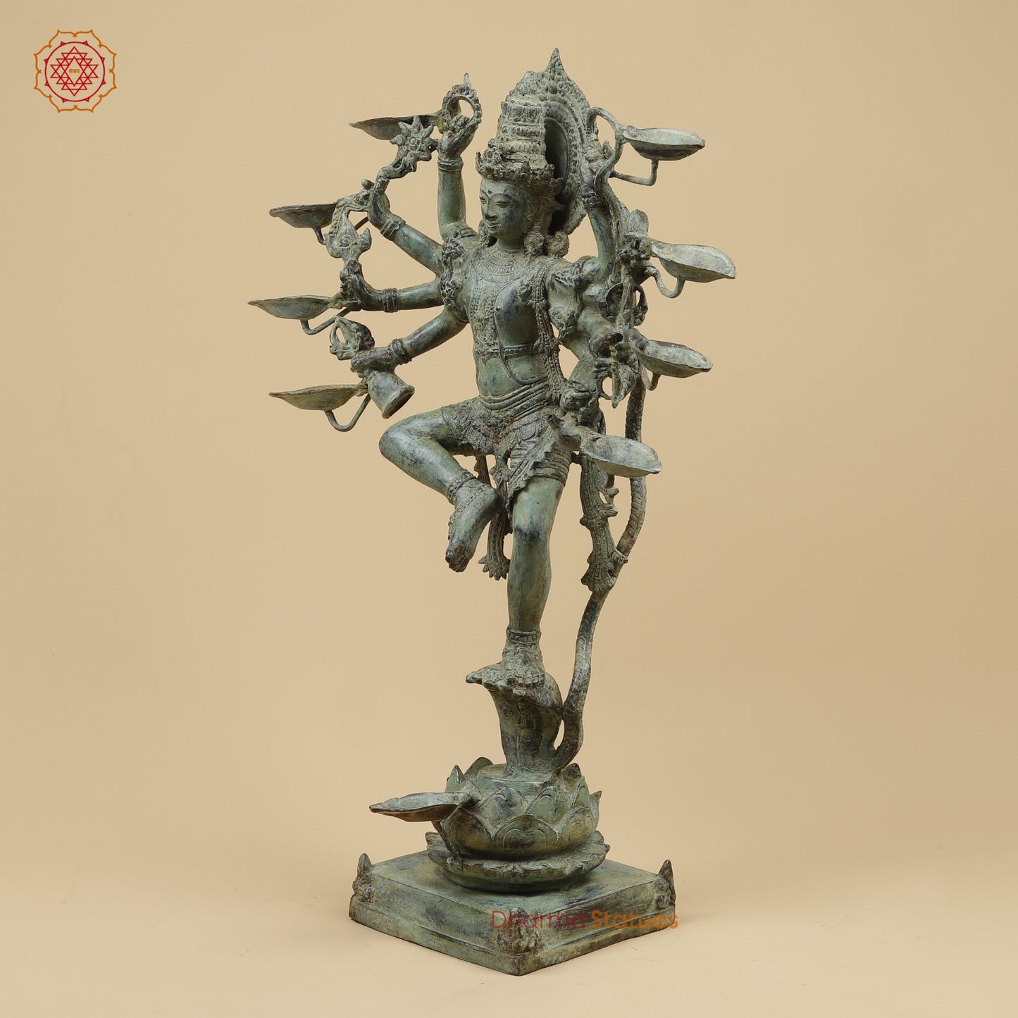 Bronze Dancing Krishna on Snake With Diya Fine, Green Patina Finish  26” Origin - Java, Indonesia