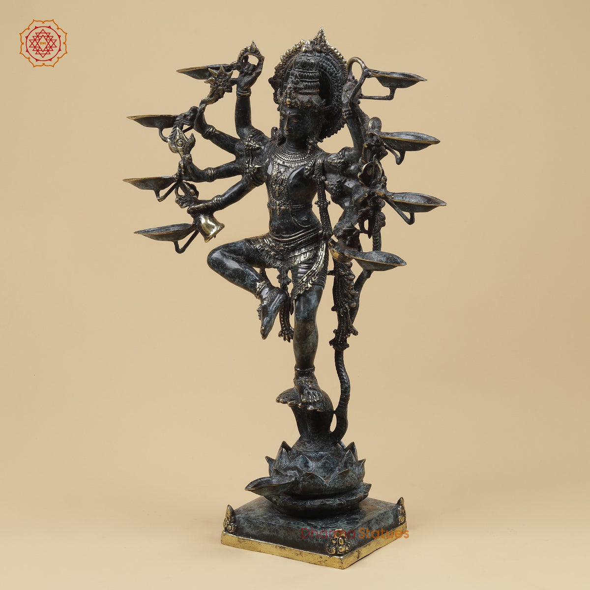 Bronze Dancing Krishna on Snake With Diya Fine, Tuqoise Patina Finish  26” Origin - Java, Indonesia