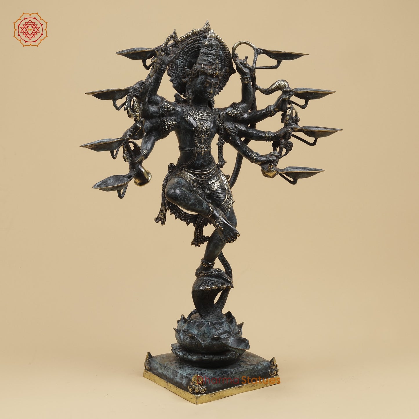 Bronze Dancing Krishna on Snake With Diya Fine, Tuqoise Patina Finish  26” Origin - Java, Indonesia