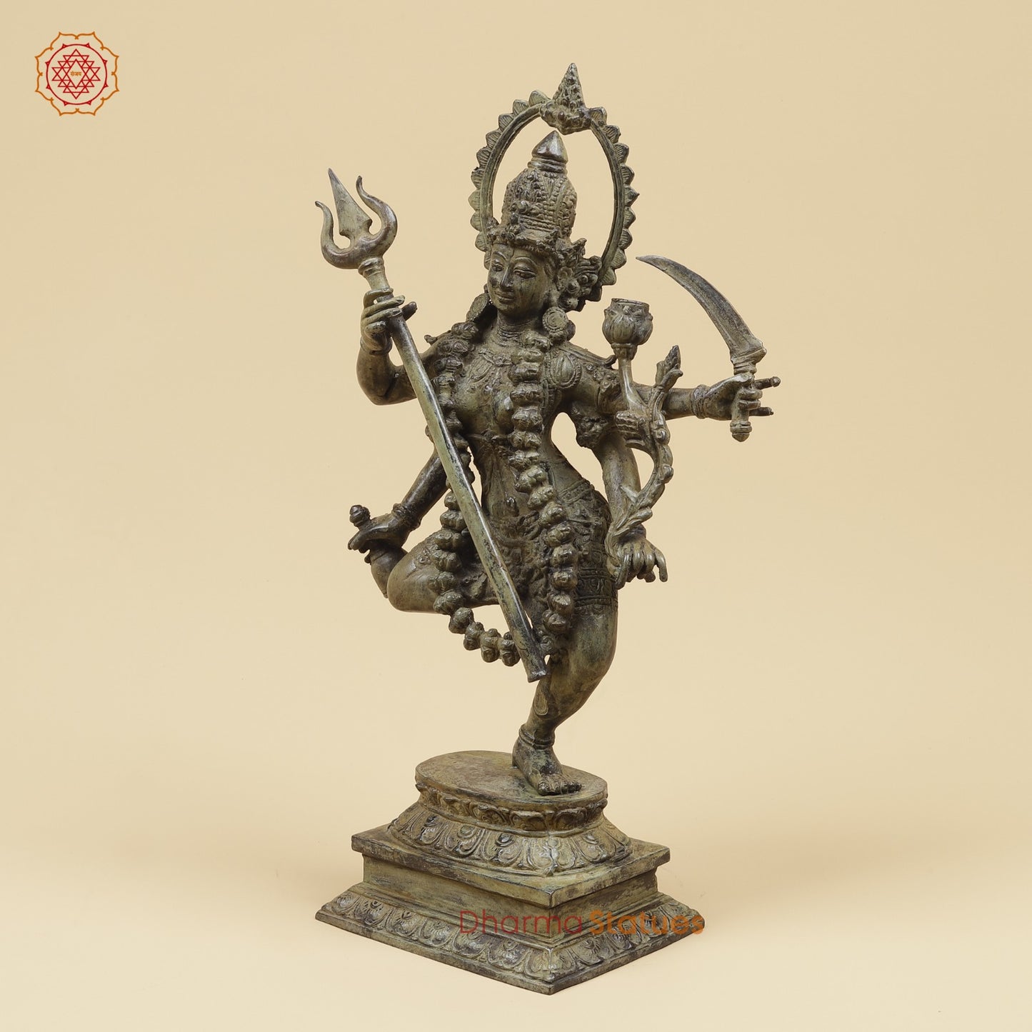 Bronze Kaali Dancing with Trishul Fine, Antique Green finish 17”