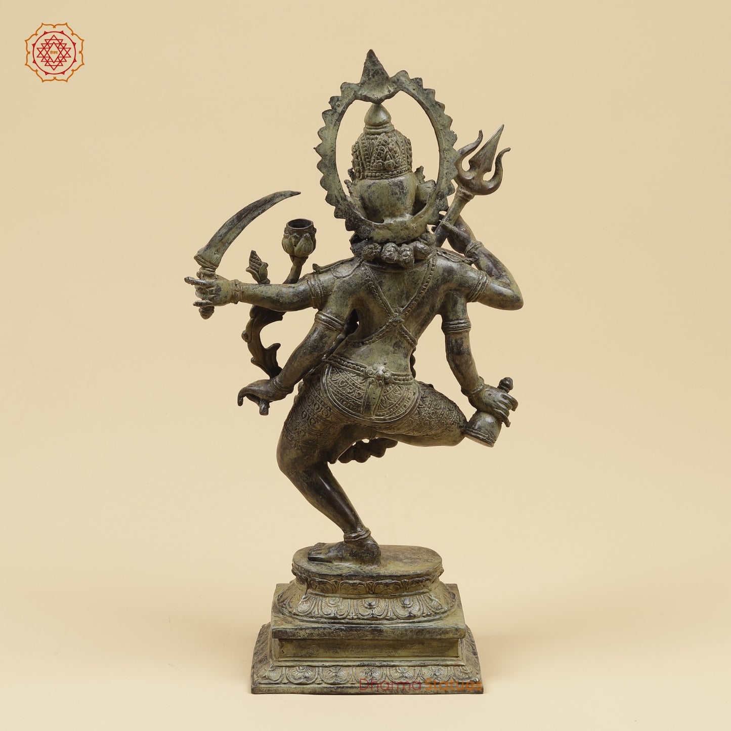 Bronze Kaali Dancing with Trishul Fine, Antique Green finish 17”