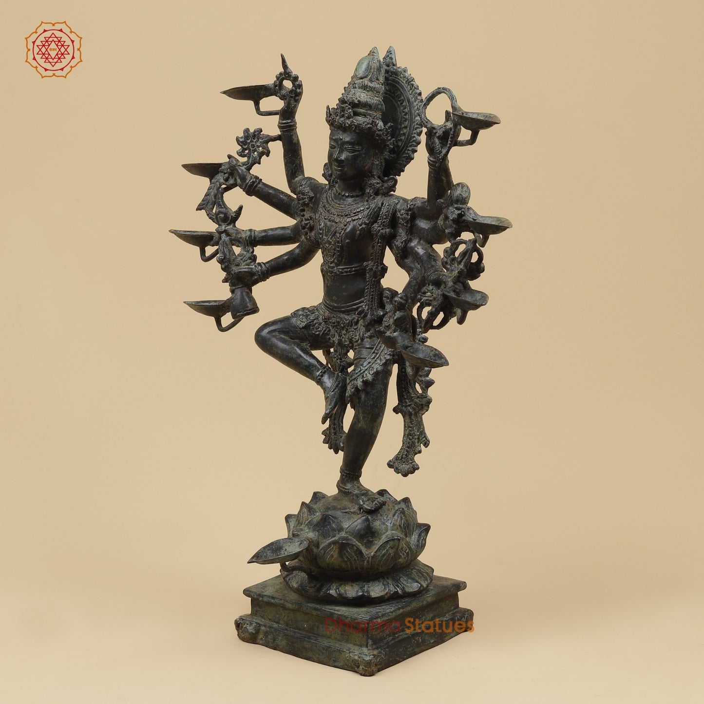 Bronze Dancing Krishna Holding 9 Diya Fine, Natural Patina 20” Origin - Java, Indonesia.