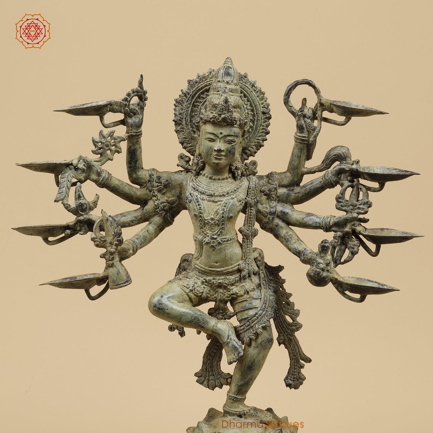 Bronze Dancing Krishna Holding 9 Diya Fine, Natural Patina 20” Origin- Java, Indonesia