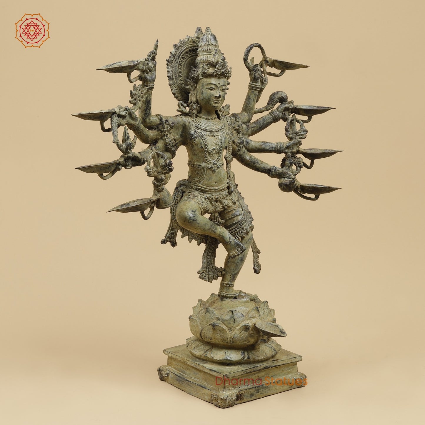 Bronze Dancing Krishna Holding 9 Diya Fine, Natural Patina 20” Origin- Java, Indonesia