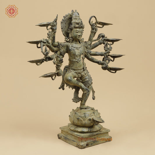 Bronze Dancing Krishna Holding 9 Diya Fine, Natural Patina 20” Origin- Java, Indonesia