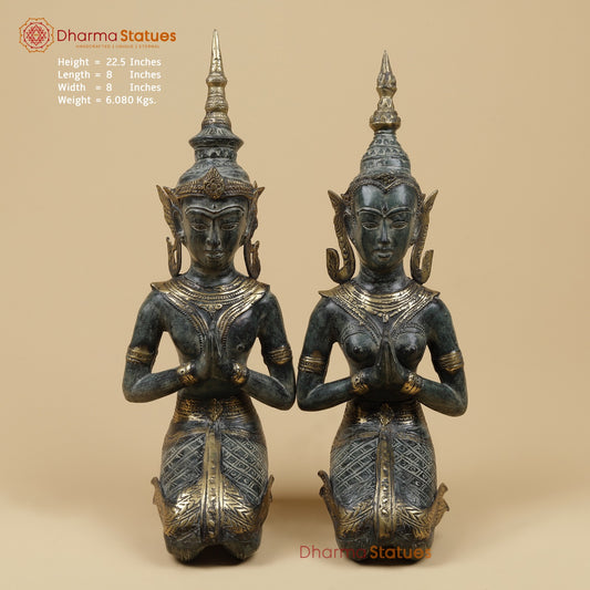 Bronze Praying Devas Kneeling Fine, Turqoise Patina Finish 22.5” Origin- Java, Indonesia.