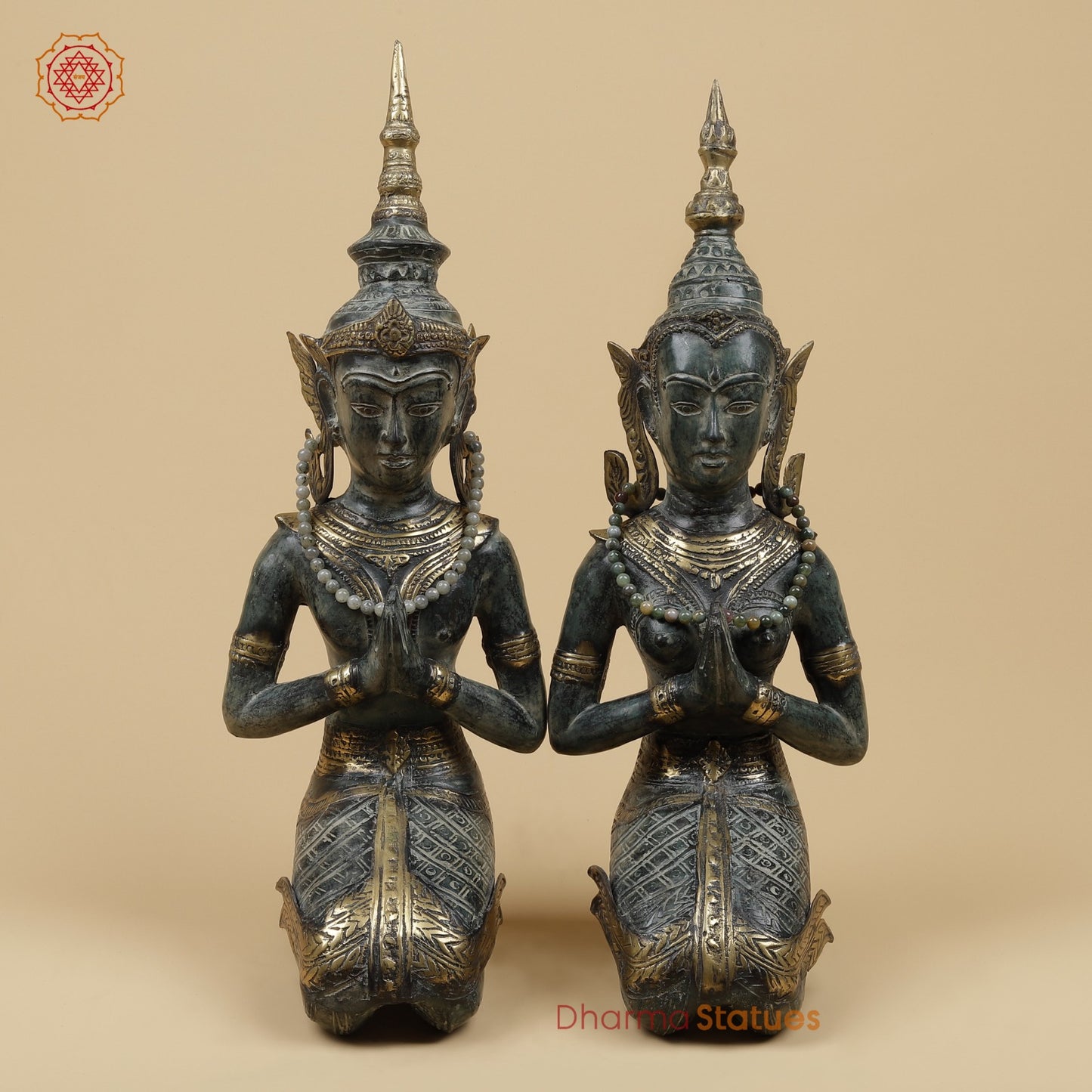 Bronze Praying Devas Kneeling Fine, Turqoise Patina Finish 22.5” Origin- Java, Indonesia.