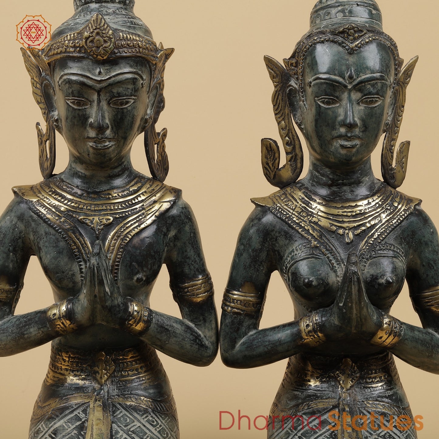 Bronze Praying Devas Kneeling Fine, Turqoise Patina Finish 22.5” Origin- Java, Indonesia.