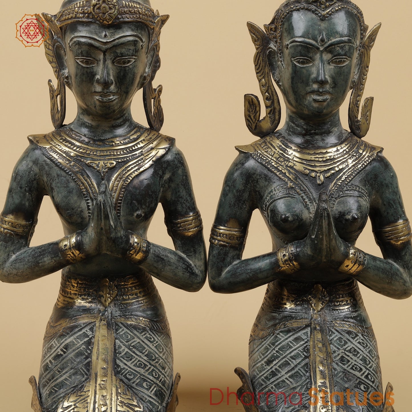 Bronze Praying Devas Kneeling Fine, Turqoise Patina Finish 22.5” Origin- Java, Indonesia.