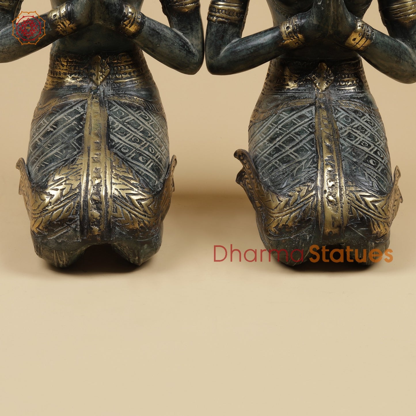 Bronze Praying Devas Kneeling Fine, Turqoise Patina Finish 22.5” Origin- Java, Indonesia.